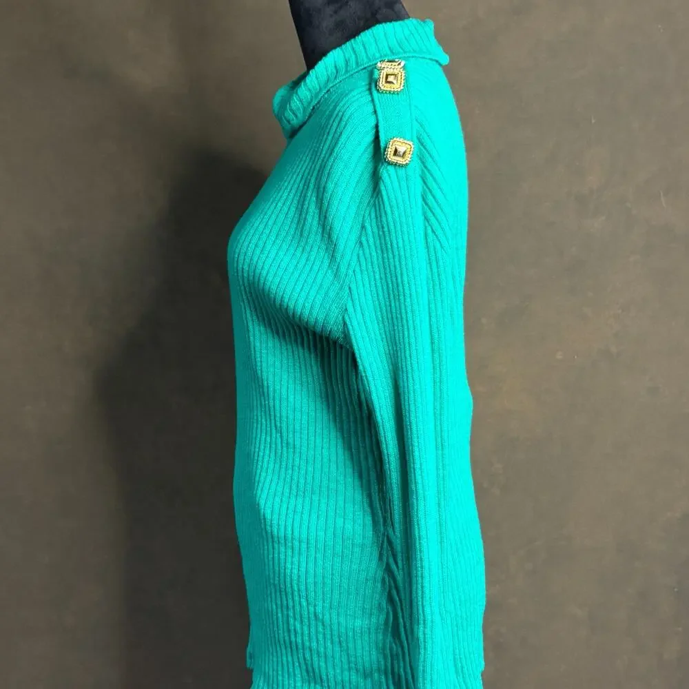 Vintage St. John Collection by Marie Gray Sweater Gold Button Teal Green Size M